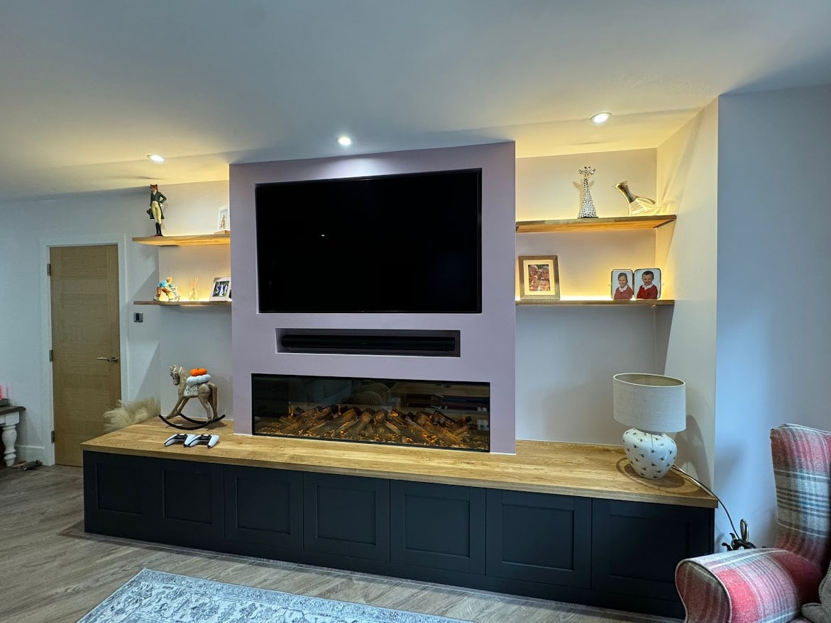 Media Wall, Storage Cupboards, Electric Fire, Shelving