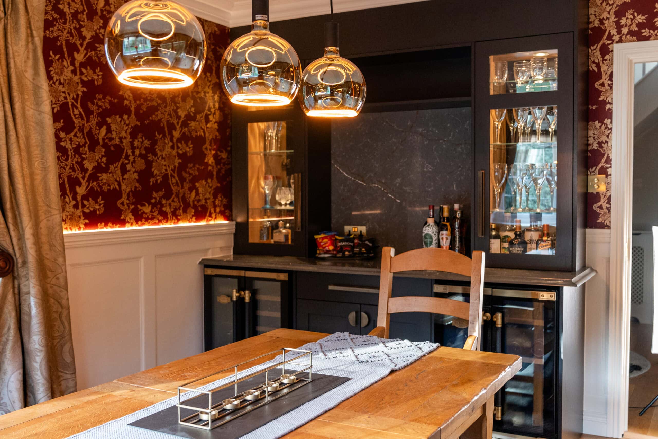 Bar Renovation, Home Bar, Wine Fridge, Pendent Lights