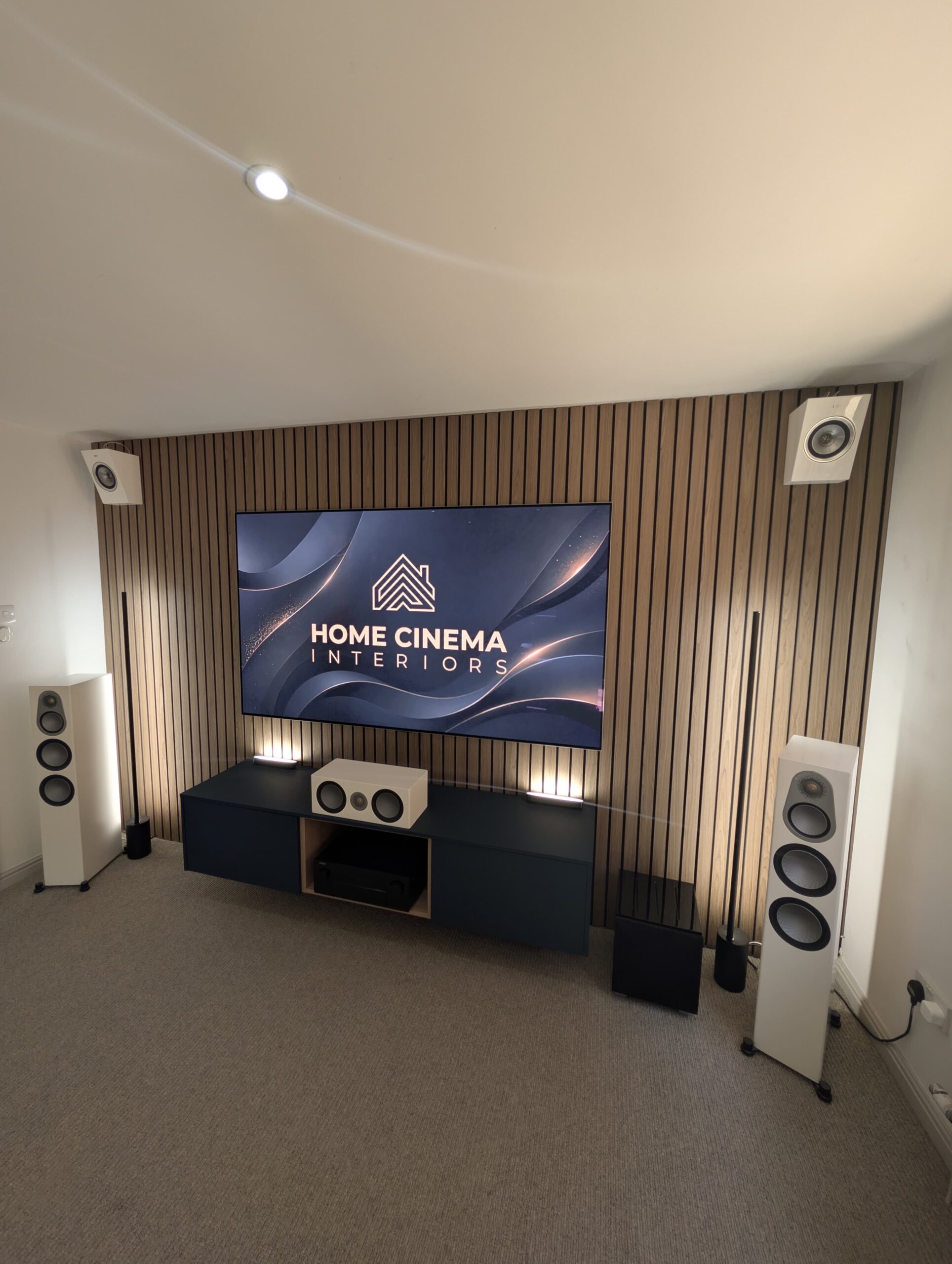 No Build Media Wall Monitor Audio Speakers Nature Wall Slat Panelling Philips Hue Lighting