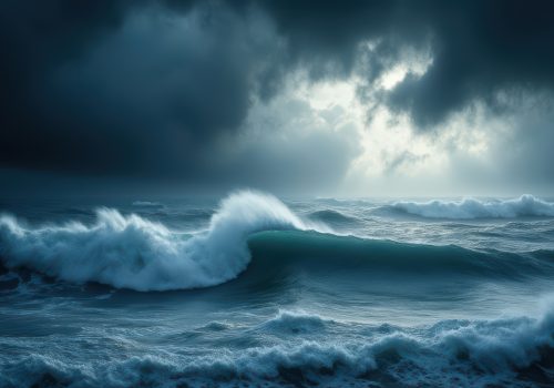 Mysterious twilight over turbulent ocean waves