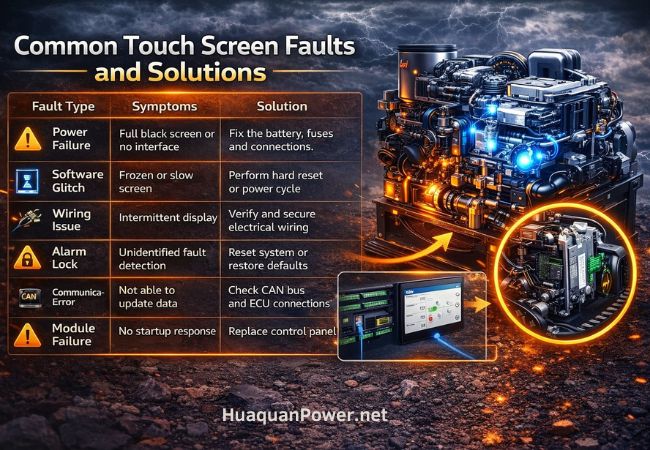Diesel Generator Touch Screen Fault Handling 1 Diesel generator touch screen faults chart showing common issues, symptoms, and solutions for control panel problems