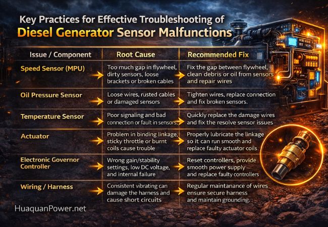 Troubleshooting of Diesel Generator Sensor Malfunctions 1 Key practices for troubleshooting diesel generator sensor malfunctions including speed, oil pressure, and temperature sensor issues with solutions