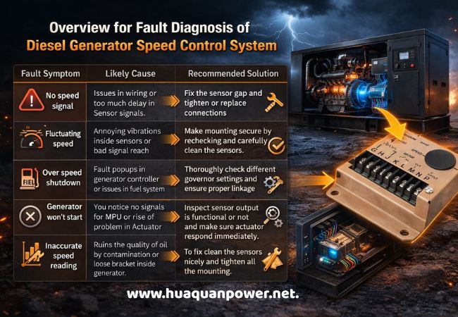 Diesel generator speed control system fault diagnosis chart with symptoms, causes, and solutions