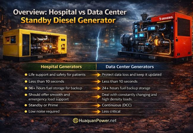 Comparison of hospital and data center standby diesel generators showing power backup features, response time, and fuel storage differences