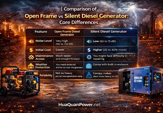 Open Frame vs Silent Diesel Generator: Which is More Suitable for Construction SitBẢO TRÌ Open Frame vs Silent Diesel Generator comparison chart showing noise level, cost, maintenance, and portability differences