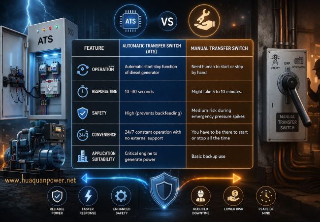 Comparison of automatic transfer switch ATS vs manual transfer switch for backup diesel generator showing features and safety differences