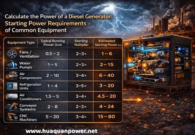 How to Calculate the Power of a Diesel Generator? Teach You How to Match the Electricity Needs of Your Home/Factory. 1 To calculate the power of a diesel generator in calculation chart showing starting power requirements, running power, and multipliers for common equipment