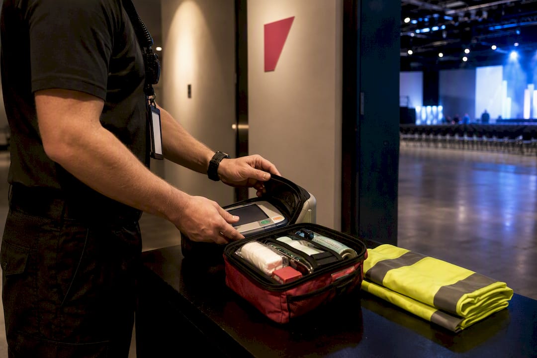 Responder checking AED at event medical station