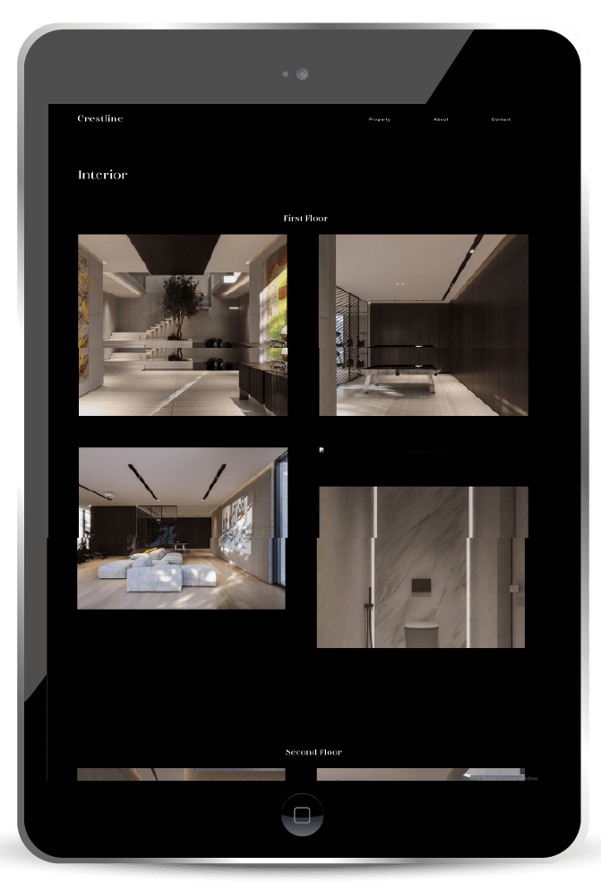 a black tablet view of construction real estate website. the design is black and its representing a finished building ready for sale! designed by muiz website developments serving Barrie, Toronto, Bradford, Aurora, Innisfil, Mississauga, Vaughan, King City, Wasaga beach, Ontario, Canada , United States
