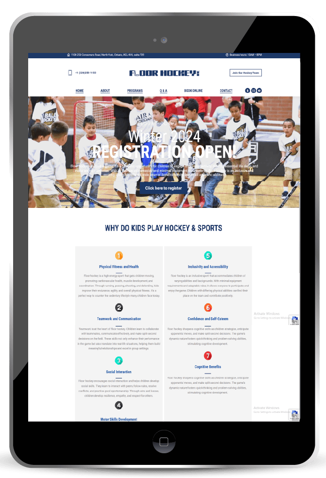 a tablet view of floor hockey for kids website designed by muiz website developments added payment getaways in a user friendly way