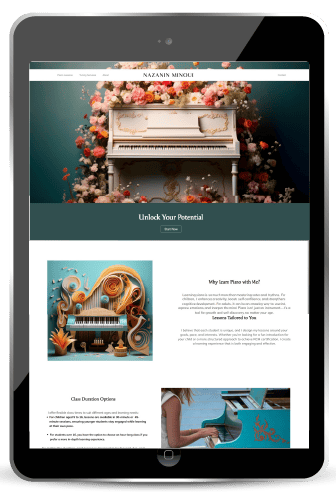 a tablet with transparent background the screen is showing a piano lessons website designed by muiz website design