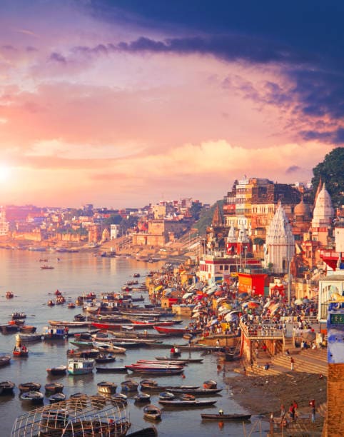 Holy town Varanasi and bank of the Ganges river with ghats