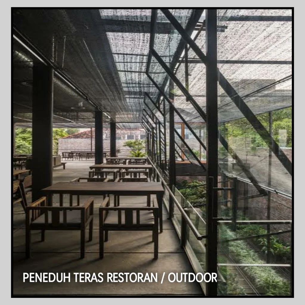 Shading net providing shade for a restaurant patio area Shading net providing shade for a restaurant patio area