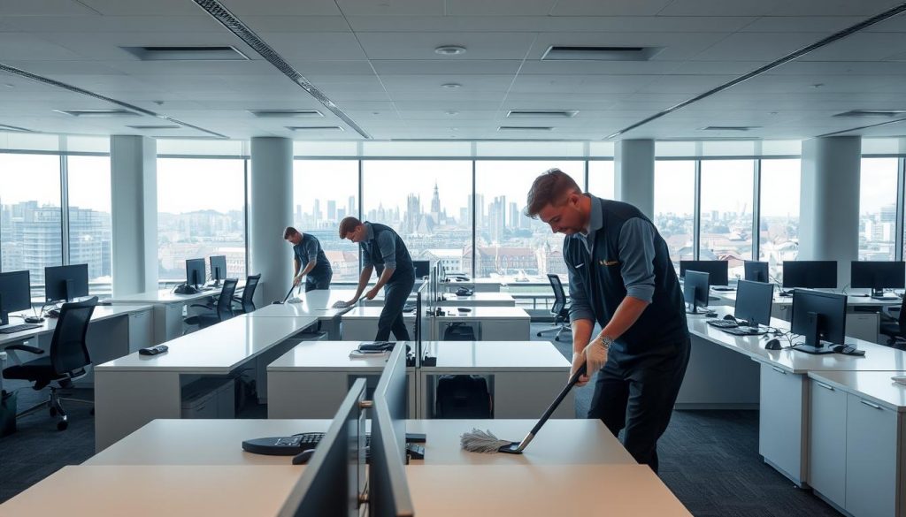 A modern, well-lit office interior with a focus on custodial services at a prominent Luxembourg financial institution. The foreground features cleaners in uniform diligently wiping down desks and polishing surfaces, conveying a sense of meticulous attention to detail. The middle ground showcases rows of computers and office equipment, hinting at the complex financial operations occurring here. In the background, large windows offer a panoramic view of the Luxembourg skyline, evoking the global scale and influence of the institution. The overall mood is one of quiet professionalism and efficient, discreet support for the high-stakes business conducted within these walls.