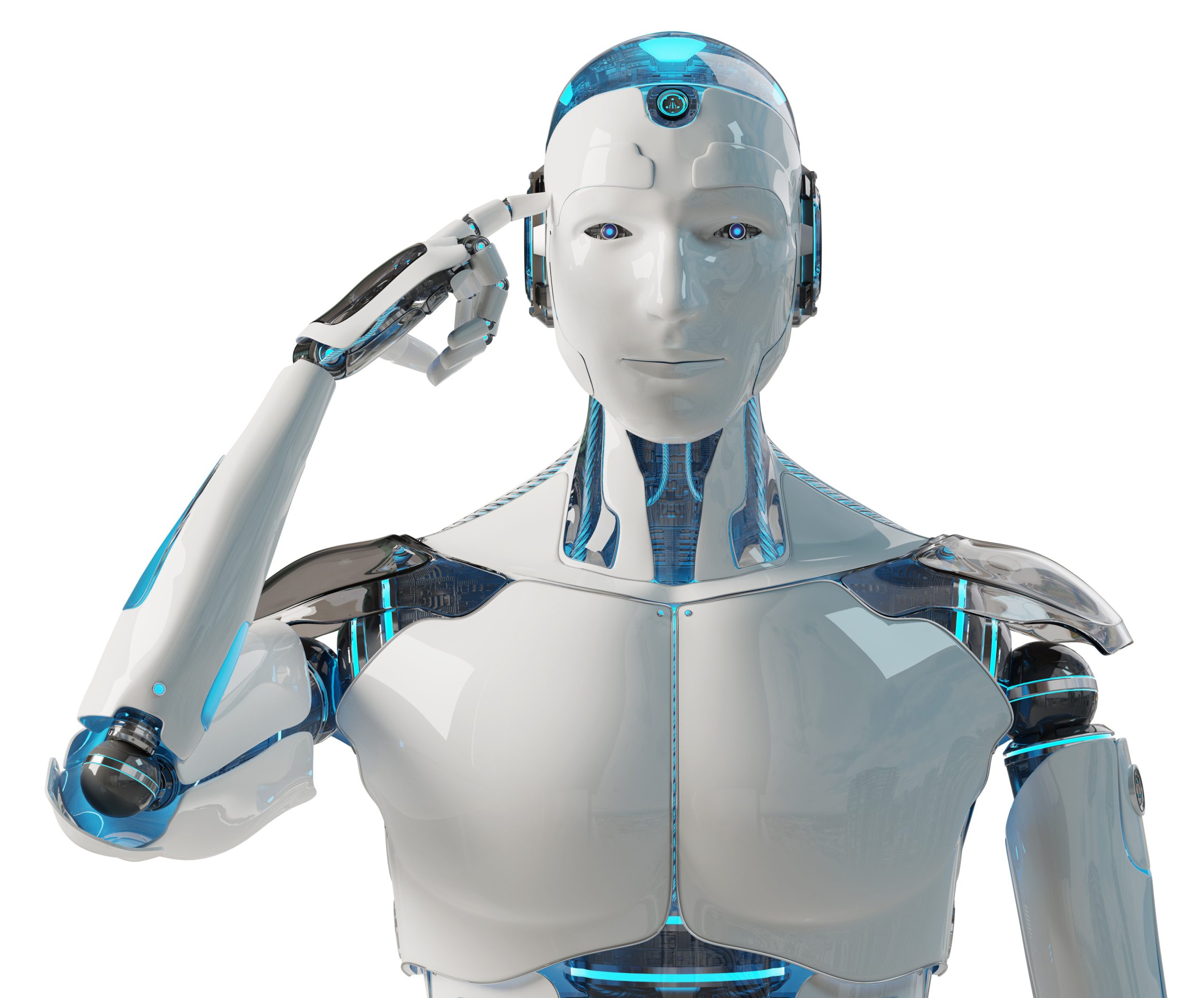 White male cyborg thinking and touching his head 3D rendering