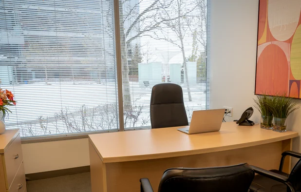 Modern office desk with laptop and plants at Intelligent Office coworking space.