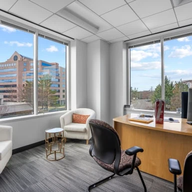 Modern office interior with large windows, comfortable seating, and a professional workspace ideal for franchising with Intelligent Office.