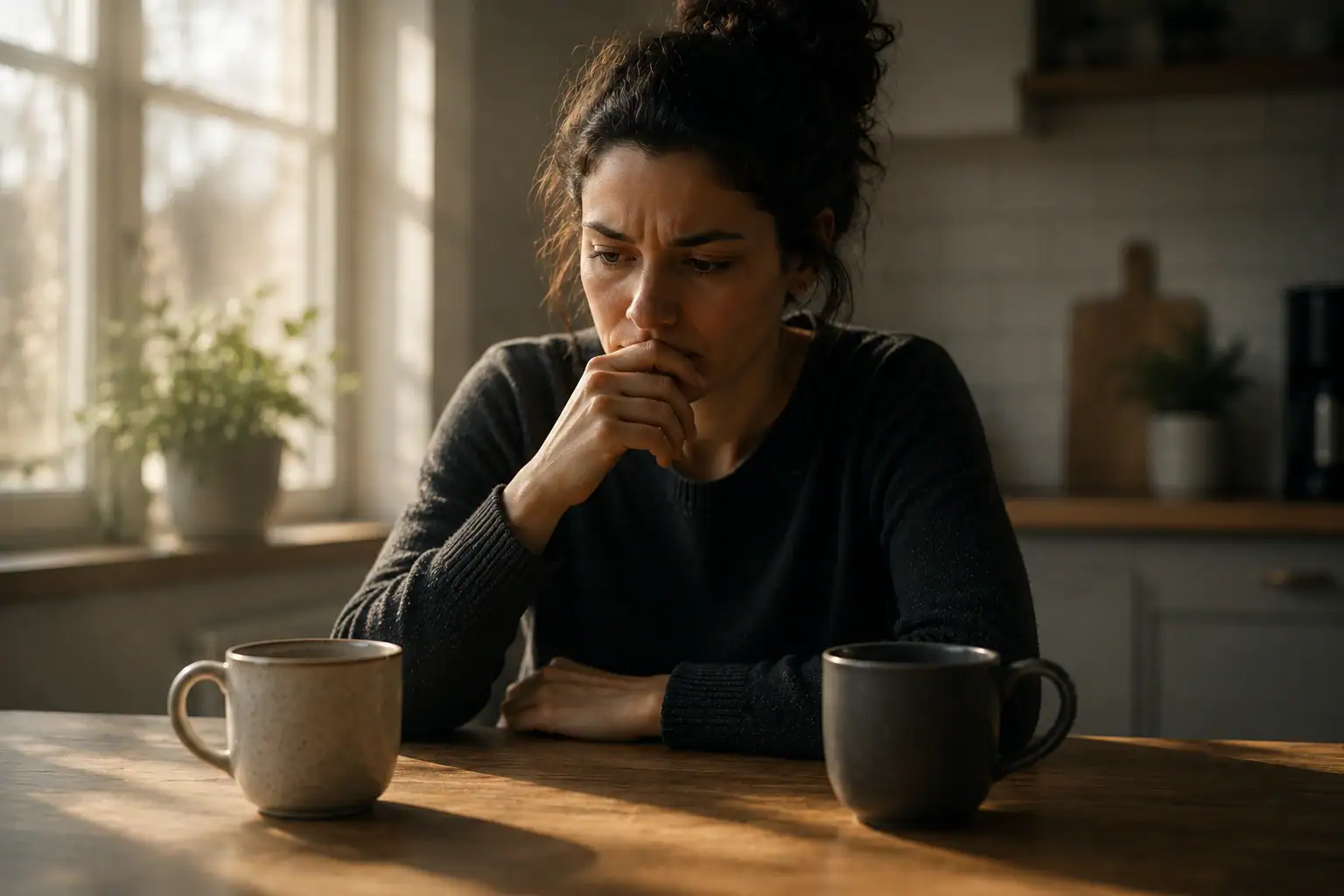 A thoughtful woman quietly hesitating between two ordinary choices at a kitchen table, representing the search for self-trust through better understanding rather than certainty.