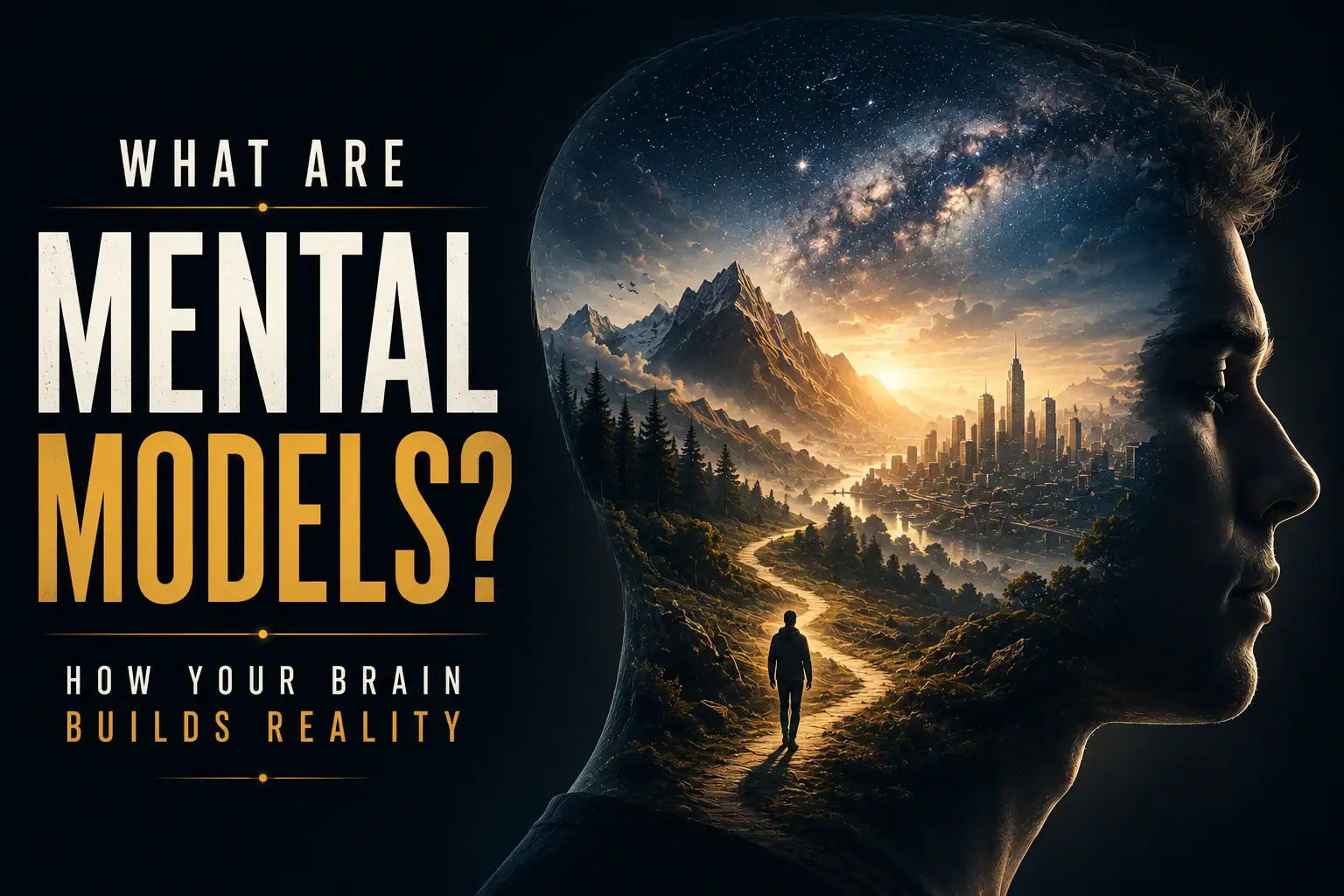 Human profile containing a landscape, city, and night sky, illustrating how mental models shape the reality we experience