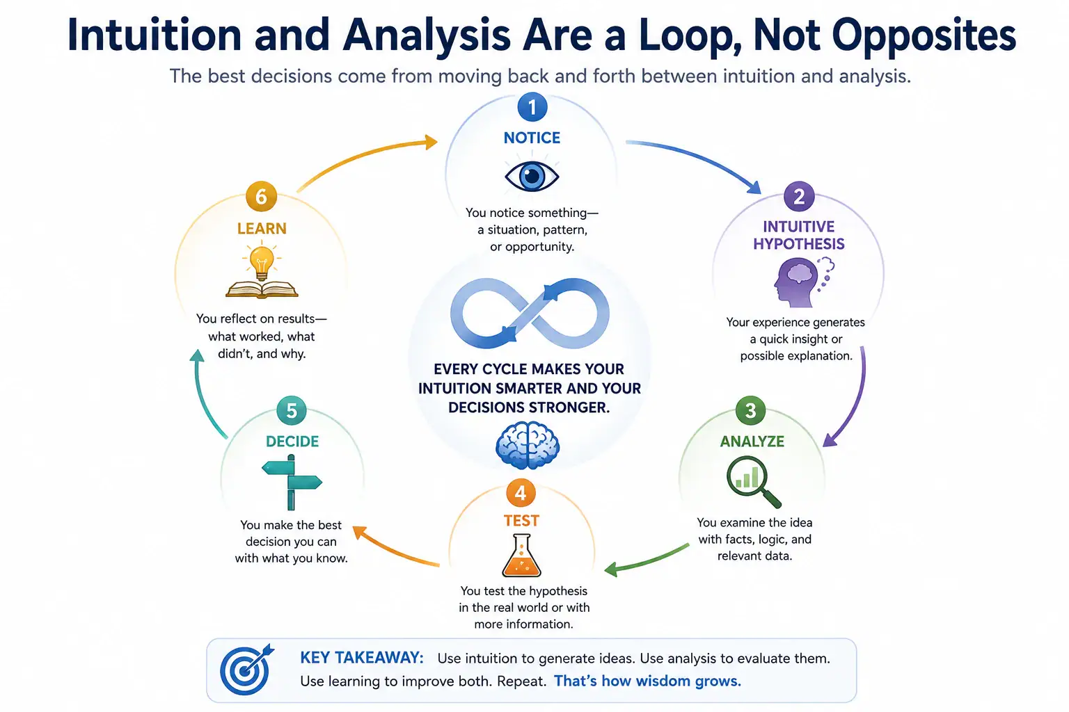 Intuition and analysis as a decision loop from noticing and intuitive hypothesis to analysis, testing, decision and learning