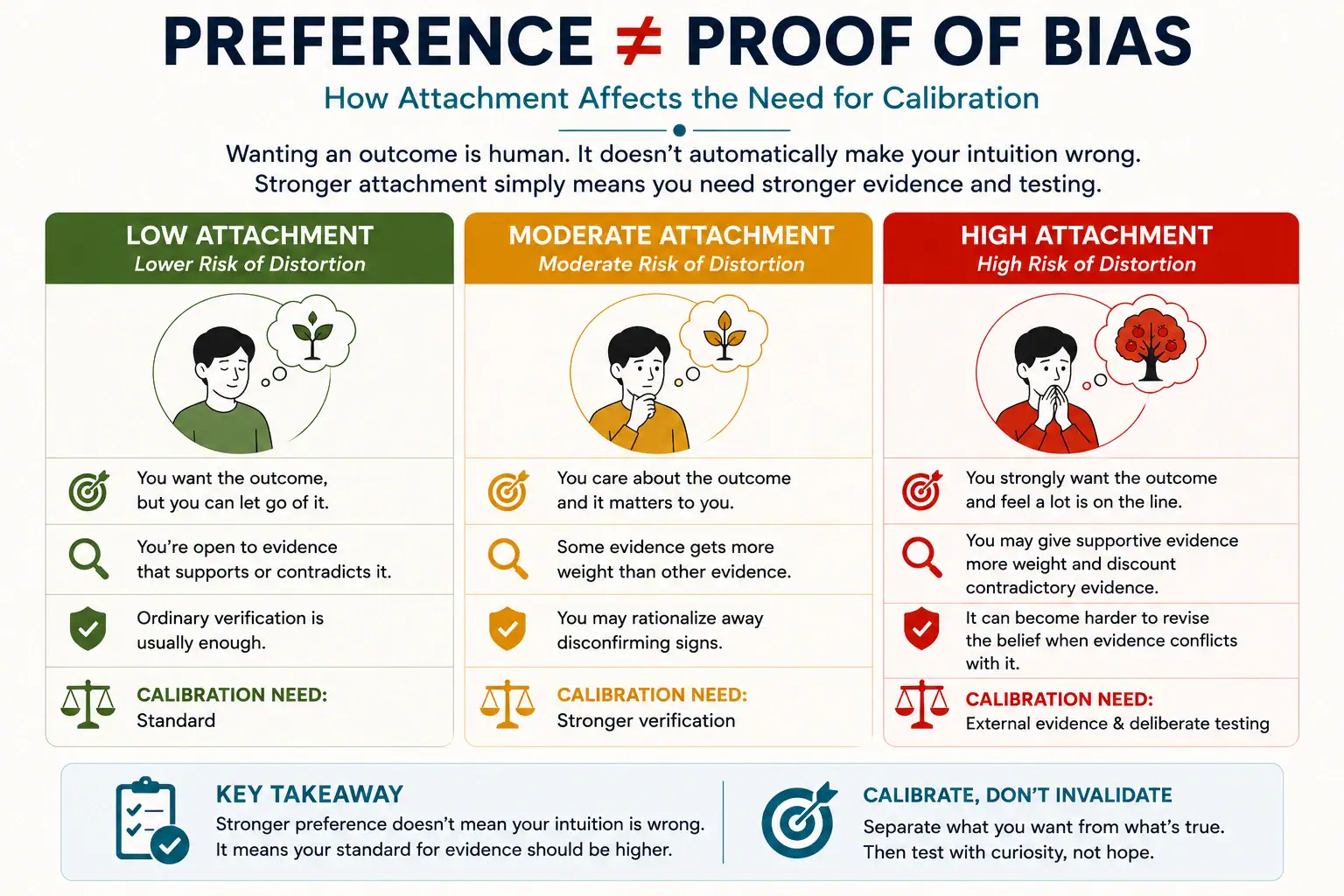 Preference is not proof of bias infographic showing how low, moderate, and high attachment change the need for intuition calibration