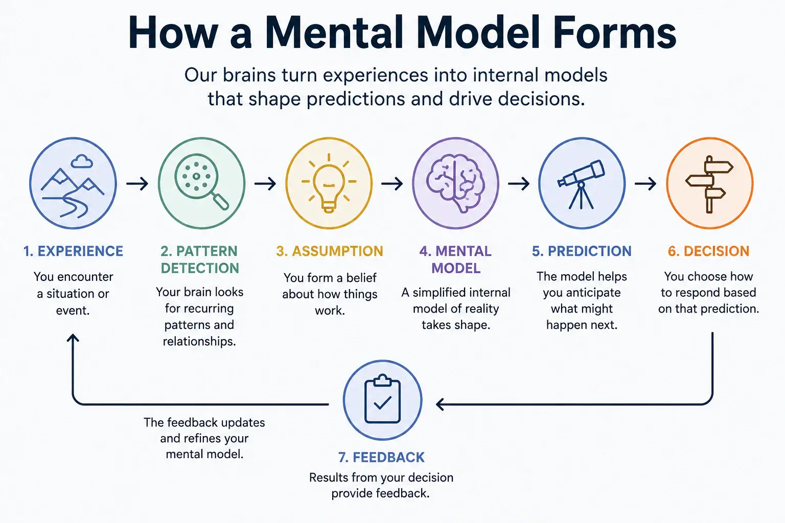 How a mental model forms from experience, pattern detection, assumptions, prediction, decisions and feedback