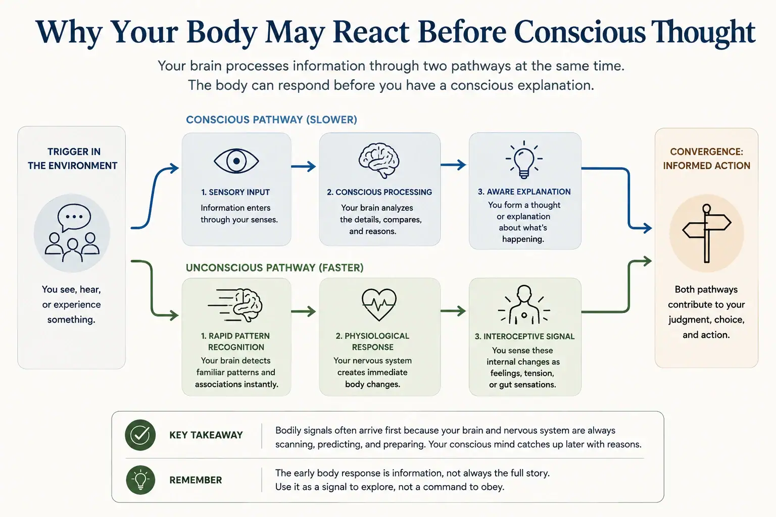 Conscious and unconscious processing pathways showing why bodily signals may arise before conscious thought