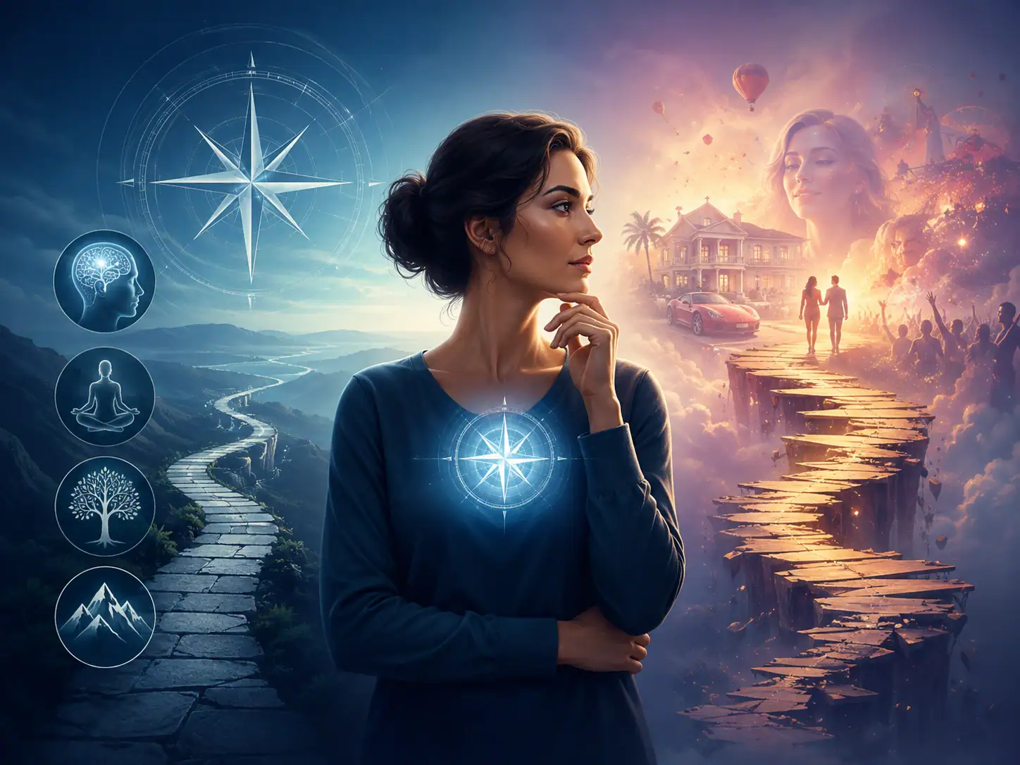 Intuition vs wishful thinking illustrated as grounded inner guidance versus an idealized desired outcome