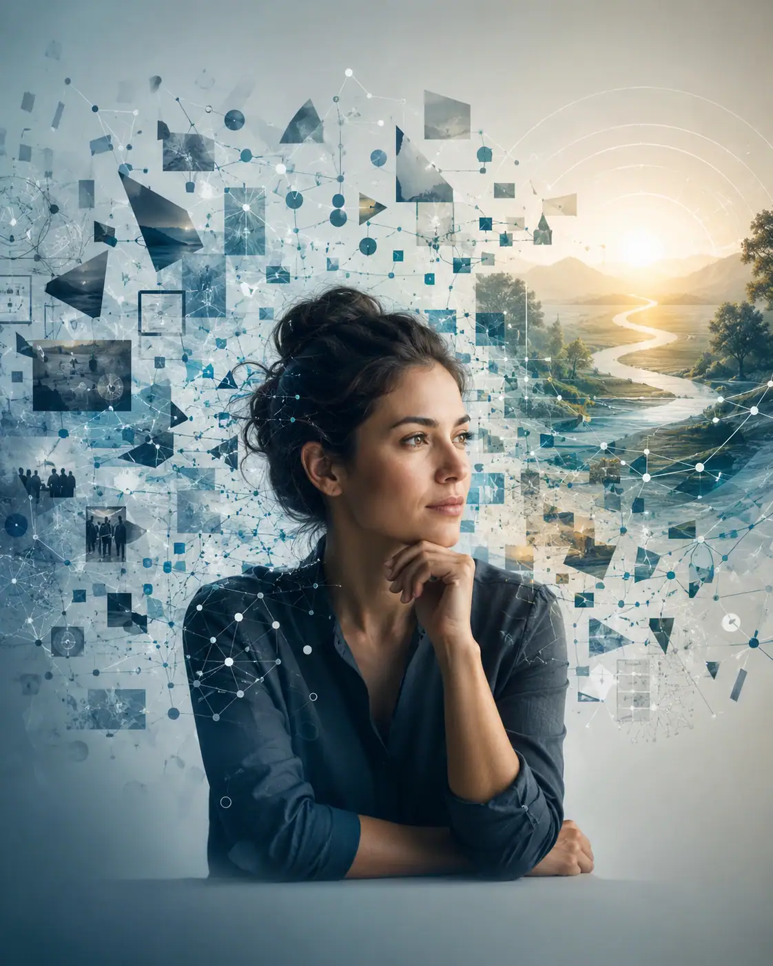 Thoughtful woman recognizing a clear pattern emerging from fragmented information, illustrating intuitive thinking