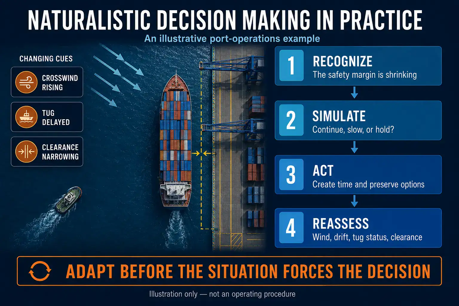 Illustrative port-operations example showing how experts recognize changing cues, simulate options, act, and reassess