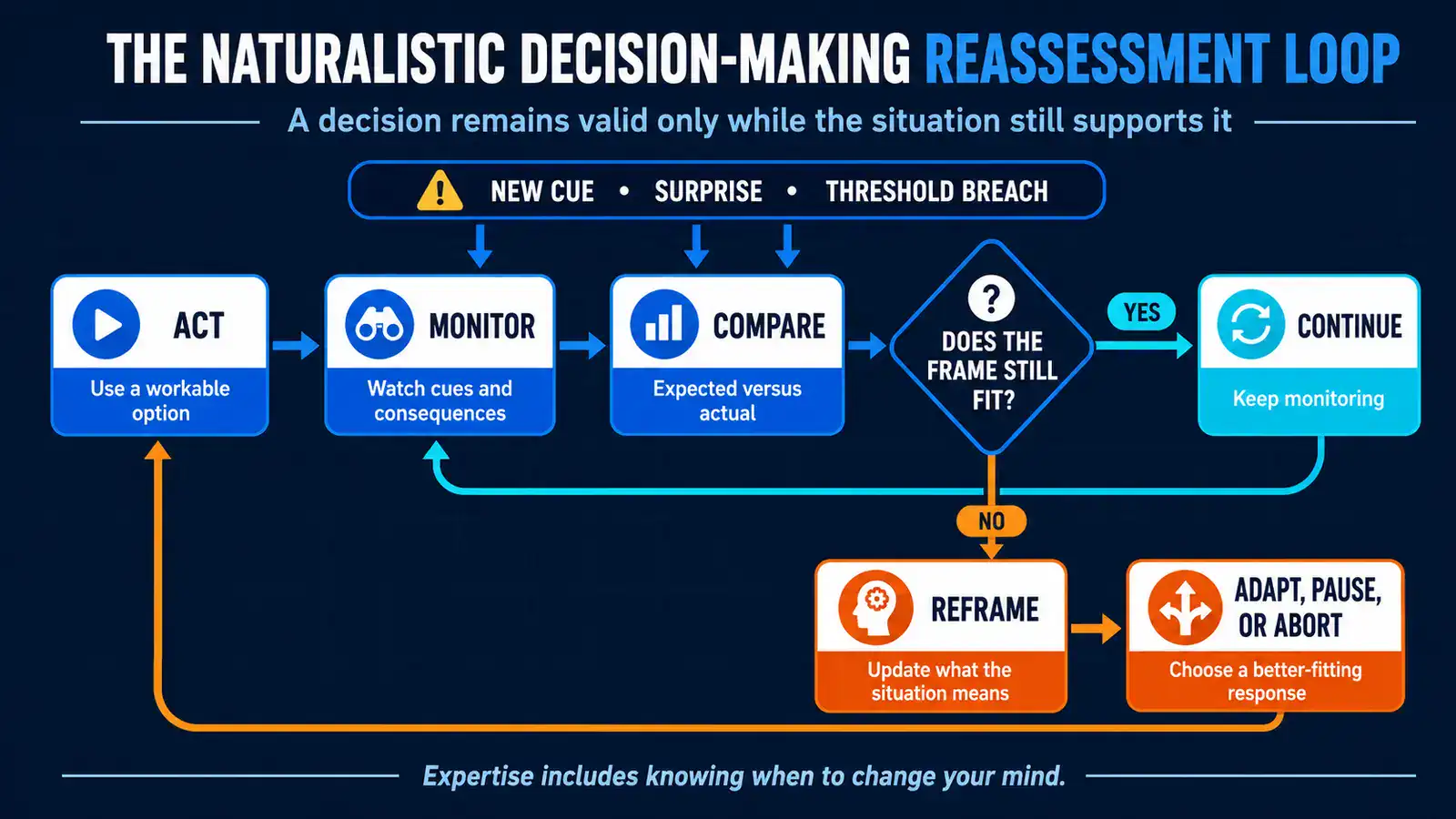 Naturalistic decision-making reassessment loop showing monitoring, expectation comparison, reframing, and adaptation