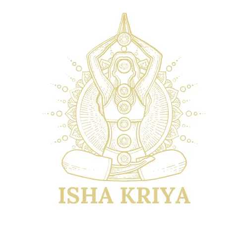 Illustration dorée d'une silhouette en méditation avec les chakras alignés et un motif de fleur de vie en arrière-plan, accompagnée du texte "Isha Kriya".