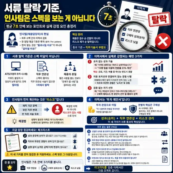서류 탈락 기준, 인사팀이 실제로 보는 이력서 평가 기준과 감점 요소 정리 인포그래픽