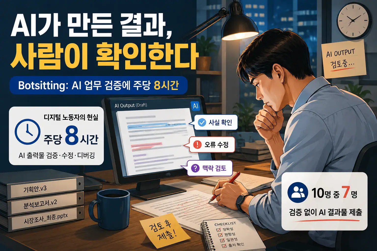 AI 업무 검증(Botsitting)에 시간을 쓰며 Human in the Loop를 하고 있는 직장인 일러스트