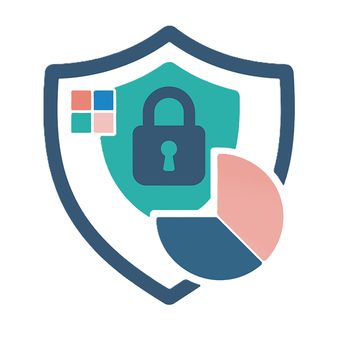 Shield icon featuring a padlock, pie chart, and Microsoft-style squares, symbolizing comprehensive security, data protection, and integrated compliance solutions.