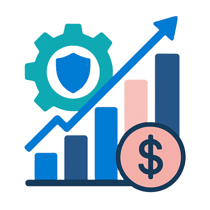 Icon featuring a bar chart with upward trending arrow, dollar sign, and gear with shield symbolizing IT efficiency, cost savings, and secure business growth.
