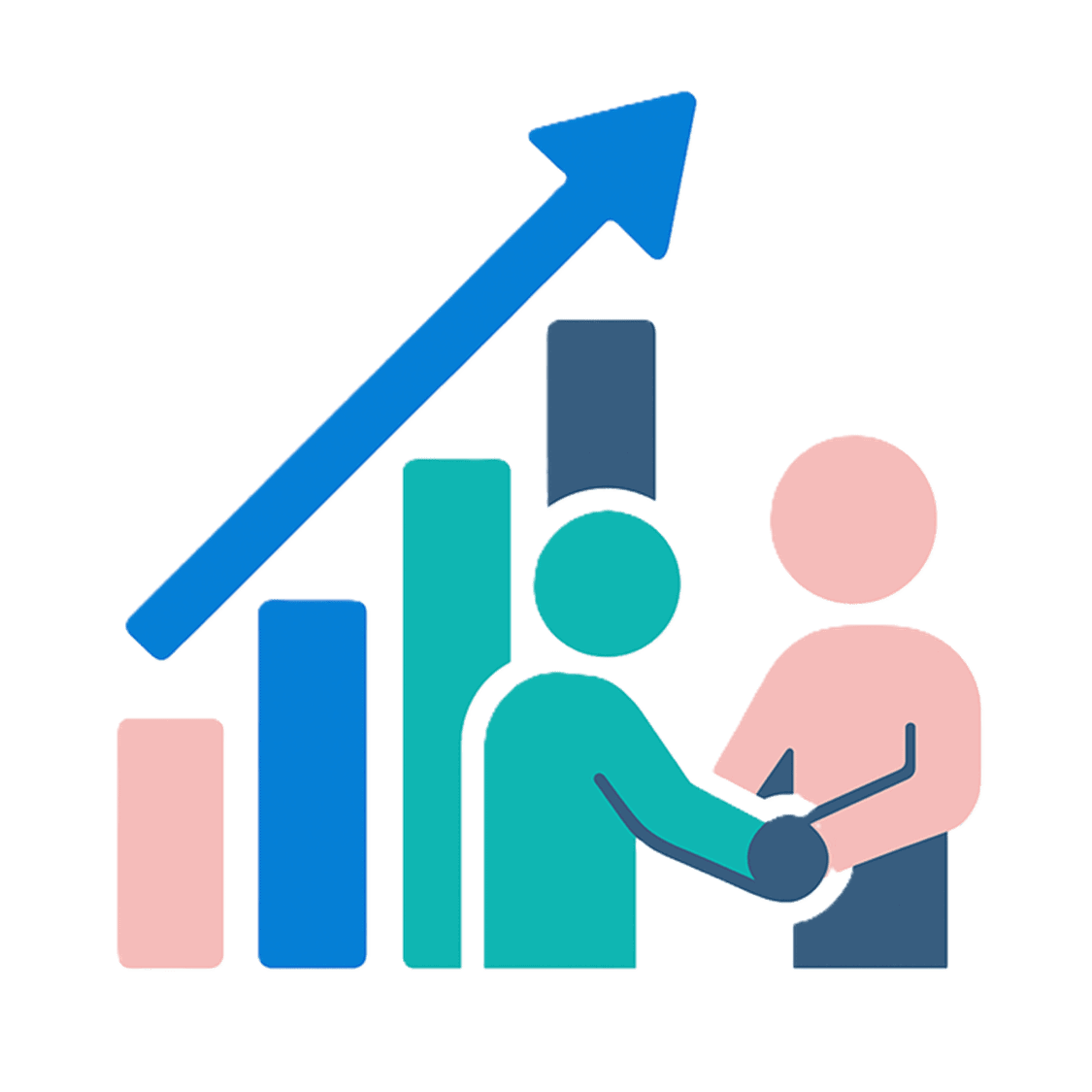 Icon featuring two stylized figures shaking hands in front of a bar chart with an upward trending arrow, symbolizing increased productivity, collaboration, and business growth.