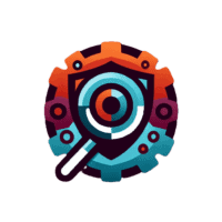 Cybersecurity emblem featuring a magnifying glass overlaying a shield with a circular target design, surrounded by a gear-shaped frame in shades of orange, red, and teal, symbolizing vulnerability scanning, threat detection, and secure system analysis.