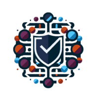 Cybersecurity emblem featuring a central shield with a checkmark icon, surrounded by interconnected circuit lines and colorful circular nodes in shades of blue, red, and orange, symbolizing secure systems, compliance verification, and network protection.