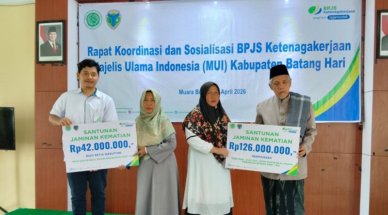 BPJS Ketenagakerjaan Batang Hari menggelar kegiatan rapat koordinasi dan sosialisasi, di Aula Kantor Kementerian Haji dan Umrah Kabupaten Batang Hari, Senin | dok bpjstk
