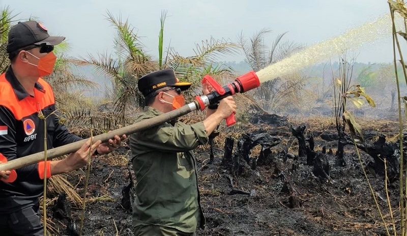 Gubernur Jambi, Al Haris, ikut memadamkan api pada lahan gambut di Desa Persiapan Air Merah, Sungai Gelam, Muaro Jambi, Minggu | dki-pj