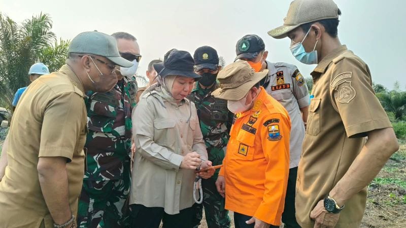 Gubernur Jambi bersama Danrem Garuda Putih meninjau lokasi kebakaran hutan, di Desa Sungai Aur, Muaro Jambi, Senin | dki-pj