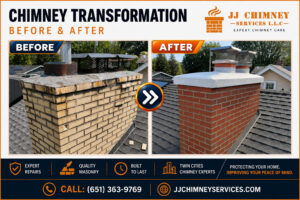 Before and after images of chimney repair projects by JJ Chimney Service
