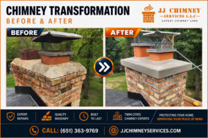 Before and after images of chimney repair projects by JJ Chimney Service