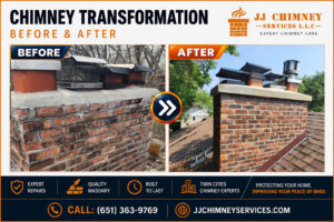 Before and after images of chimney repair projects by JJ Chimney Service