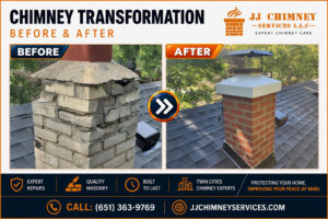 Before and after images of chimney repair projects by JJ Chimney Service