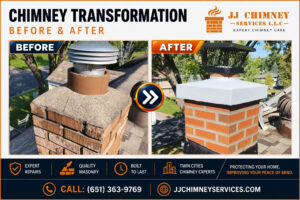 Before and after images of chimney repair projects by JJ Chimney Service