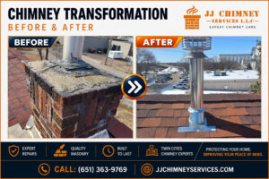 Before and after images of chimney repair projects by JJ Chimney Service