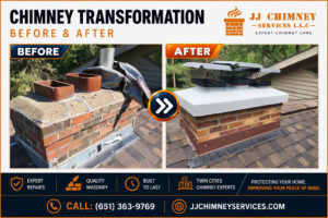 Before and after images of chimney repair projects by JJ Chimney Service