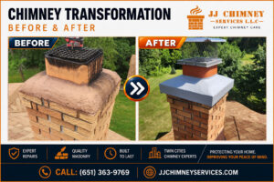 Before and after images of chimney repair projects by JJ Chimney Service